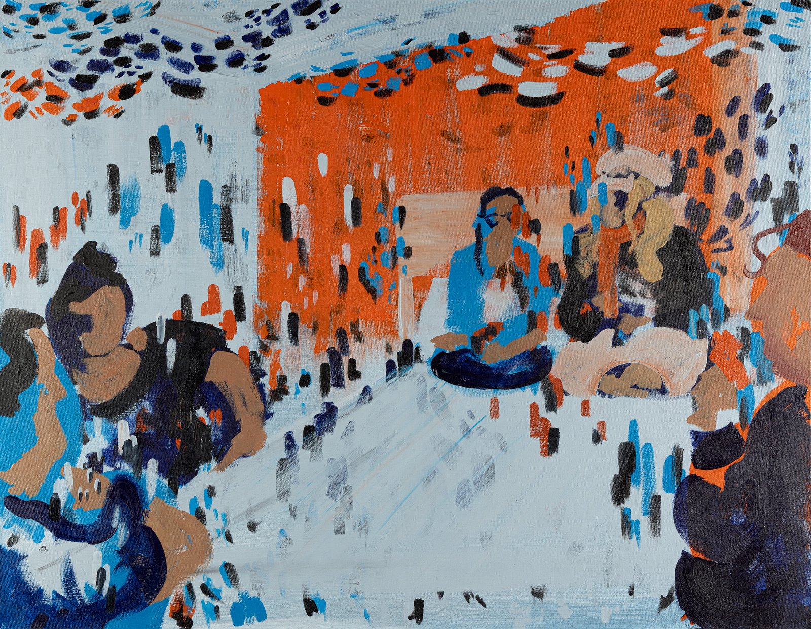 'Playing cards in Paris' is an acrylic painting, primarily made up of several shades of blue that highlight the starring vibrant orange. There are 5 figures playing cards. either sat on or leaning against a bed. The scene is flooded with dots of blues, orange, and black, in reference to a shirt chosen by the artist.